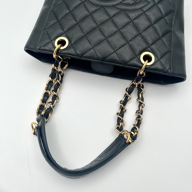 「JL精品代購」9新 香奈兒黑金荔枝牛pst單肩托特包-11