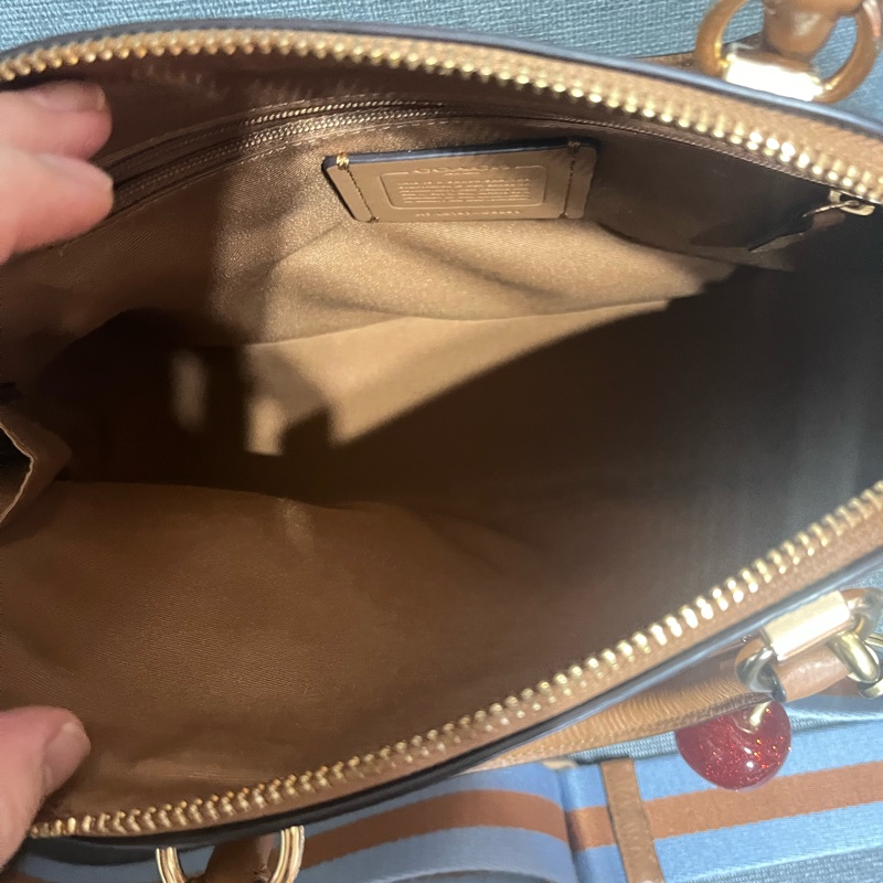 COACH 立體刺繡織布寬背帶兩用貝殼包(咖)-10