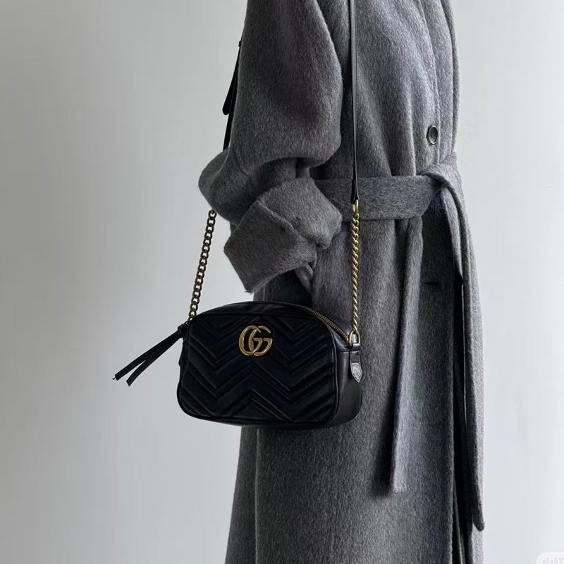 Gucci GG marmont 相機包 斜背包 黑金-56