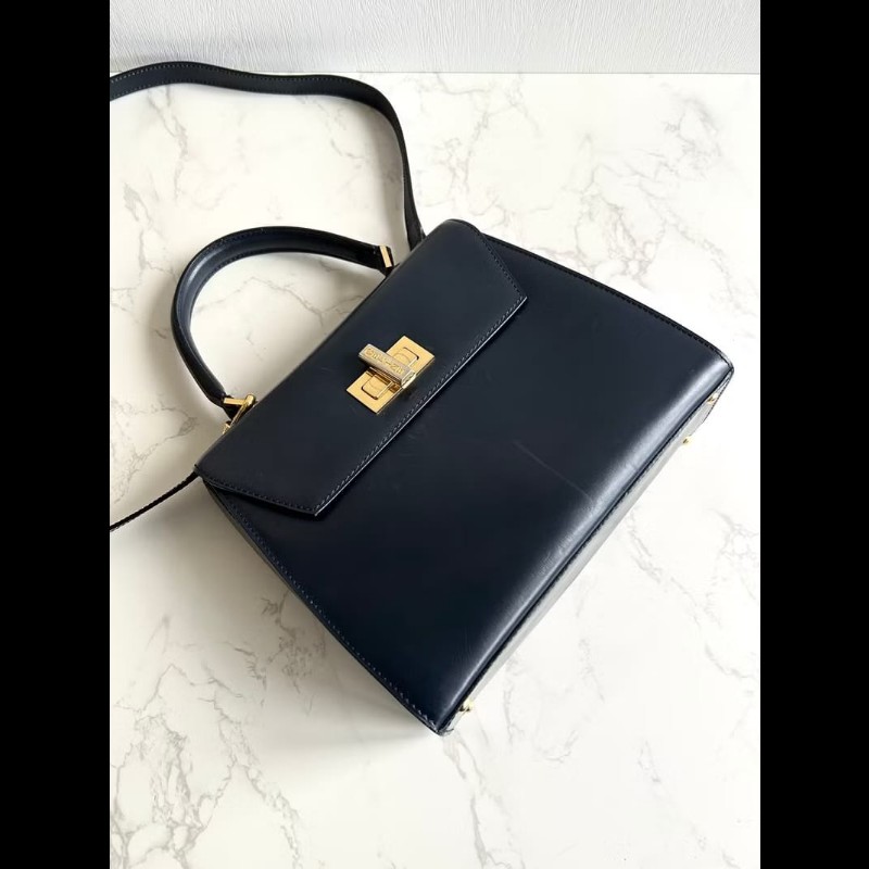 【LA LUNE】絕版中古包 Celine黑藍色旋轉扣凱莉包 斜背包 單肩包 側背包古董-2