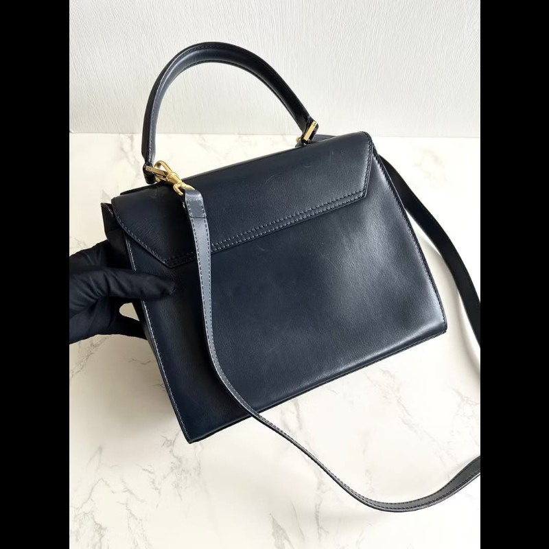 【LA LUNE】絕版中古包 Celine黑藍色旋轉扣凱莉包 斜背包 單肩包 側背包古董-7