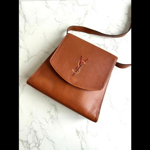 絕版中古包 YSL Yves Saint Laurent駝色刺繡翻蓋包 斜背包 單肩包 側背包 古董包