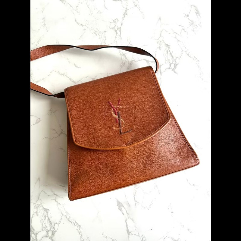 絕版中古包 YSL Yves Saint Laurent駝色刺繡翻蓋包 斜背包 單肩包 側背包 古董包-4