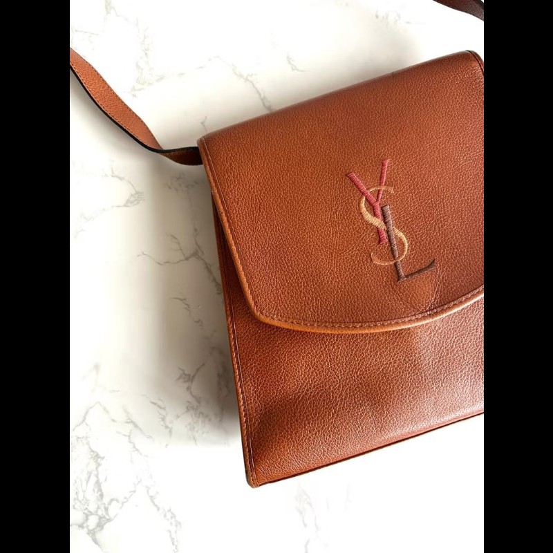 絕版中古包 YSL Yves Saint Laurent駝色刺繡翻蓋包 斜背包 單肩包 側背包 古董包-7
