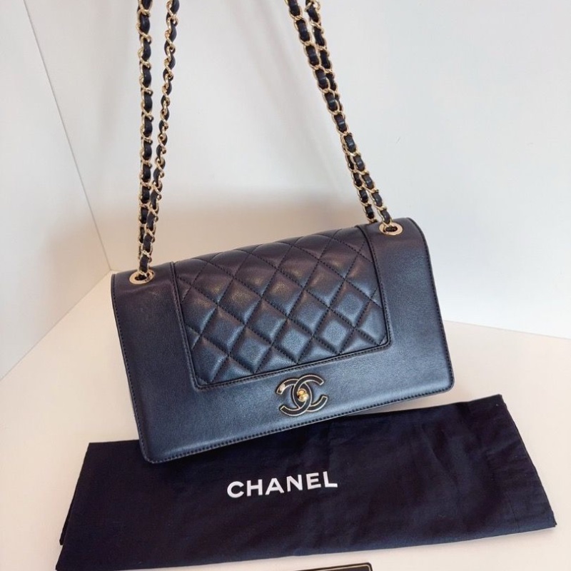Chanel 黑金牛皮琺瑯扣雙C雙蓋 口蓋包 29*17*7.5 99新配件塵袋保卡-1