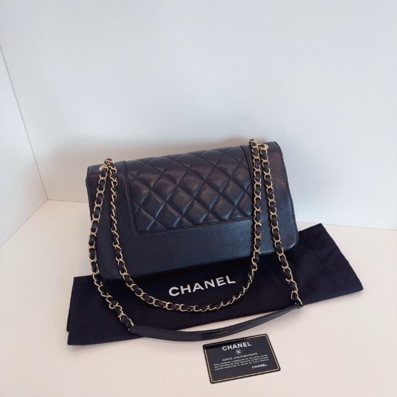 Chanel 黑金牛皮琺瑯扣雙C雙蓋 口蓋包 29*17*7.5 99新配件塵袋保卡-2