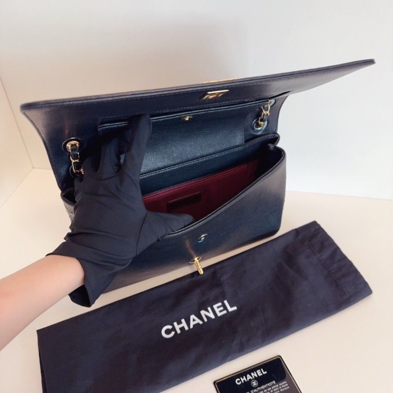 Chanel 黑金牛皮琺瑯扣雙C雙蓋 口蓋包 29*17*7.5 99新配件塵袋保卡-5