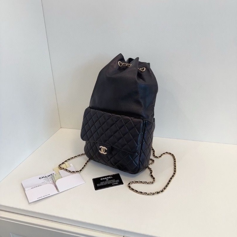 Chanel 黑金 抽繩 束口 水桶後背包21*7*36 98新配件塵袋保卡-3