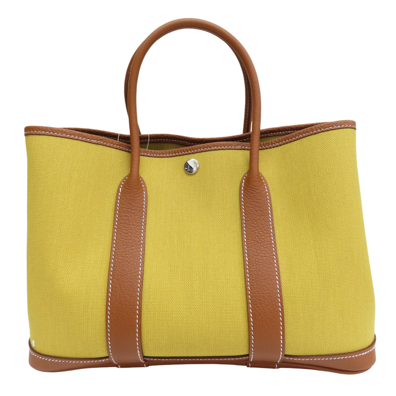 芥末黃 帆布 棕色皮飾邊 Garden Party 30 Ginger 手提包 Z刻【HERMES 愛馬仕】-1