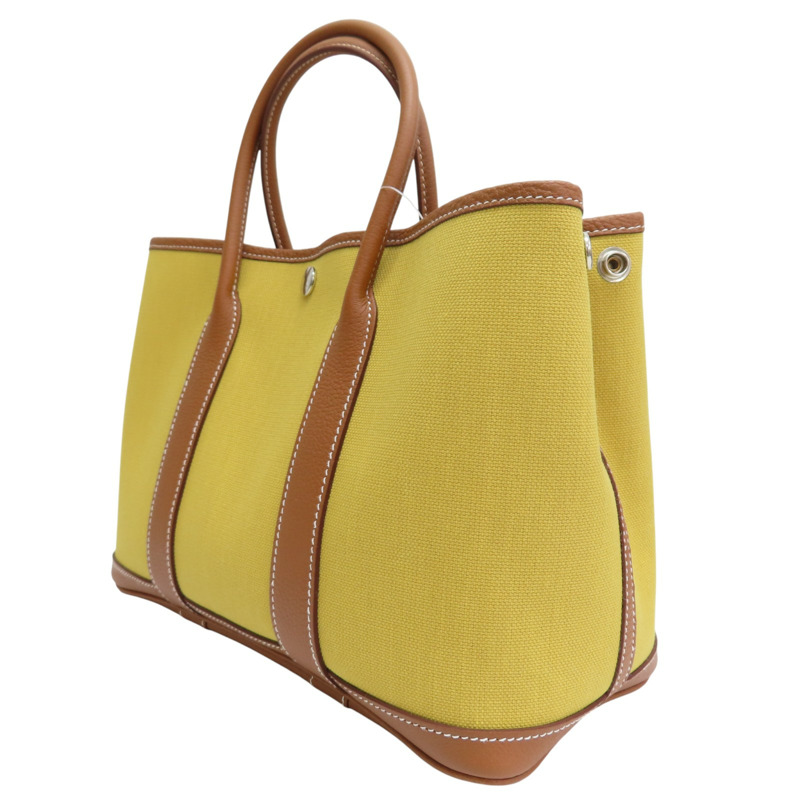 芥末黃 帆布 棕色皮飾邊 Garden Party 30 Ginger 手提包 Z刻【HERMES 愛馬仕】-2