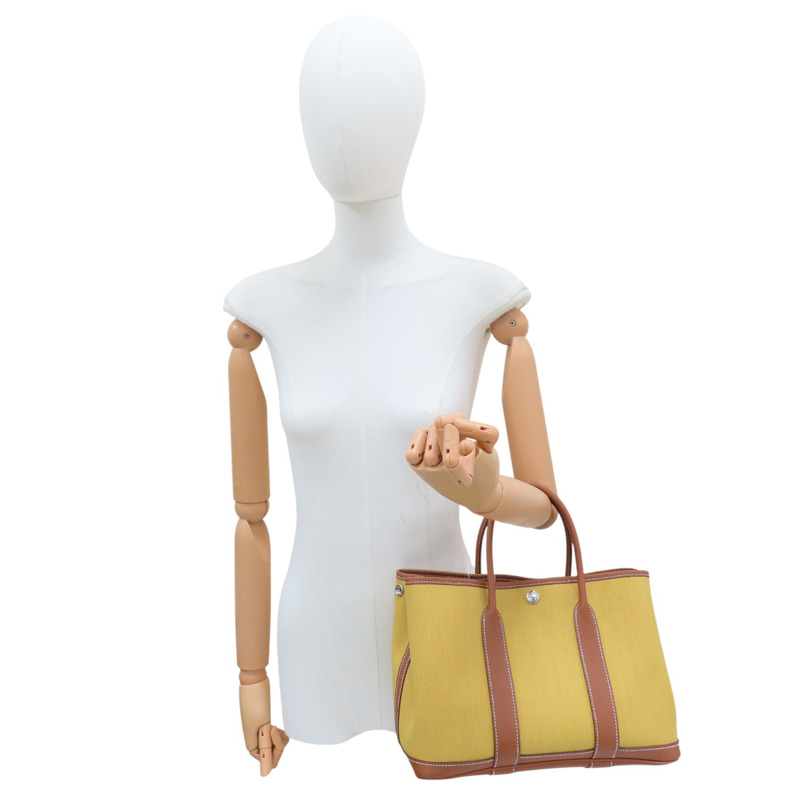 芥末黃 帆布 棕色皮飾邊 Garden Party 30 Ginger 手提包 Z刻【HERMES 愛馬仕】-7