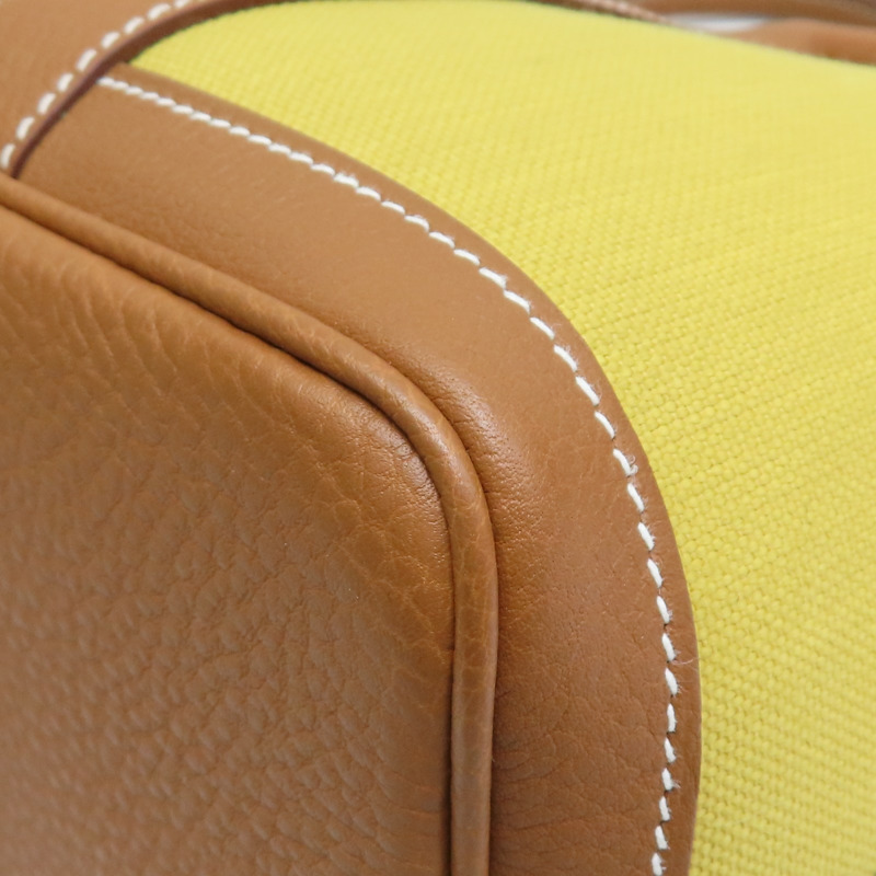 芥末黃 帆布 棕色皮飾邊 Garden Party 30 Ginger 手提包 Z刻【HERMES 愛馬仕】-11