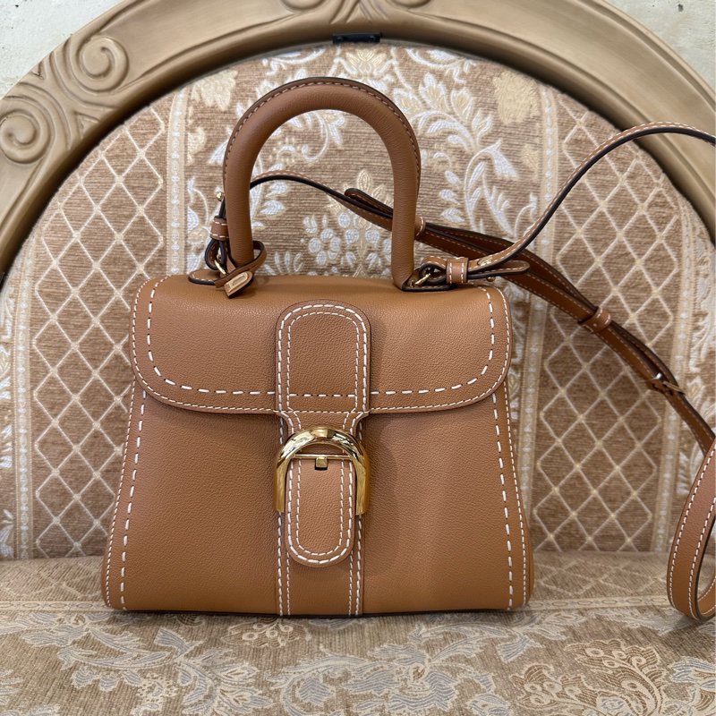 Delvaux 焦糖色牛皮金釦外縫線Brillant PM手提斜背包AA0569ADW0ADNDO-0