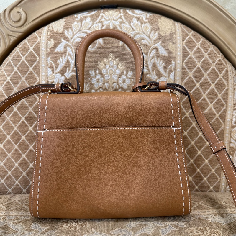 Delvaux 焦糖色牛皮金釦外縫線Brillant PM手提斜背包AA0569ADW0ADNDO-1