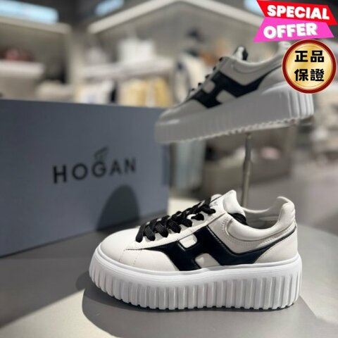 Hogan 女款 H-Stripes 光滑皮革6公分厚底餅乾運動鞋 白配黑色 EU35/36/37/38/39