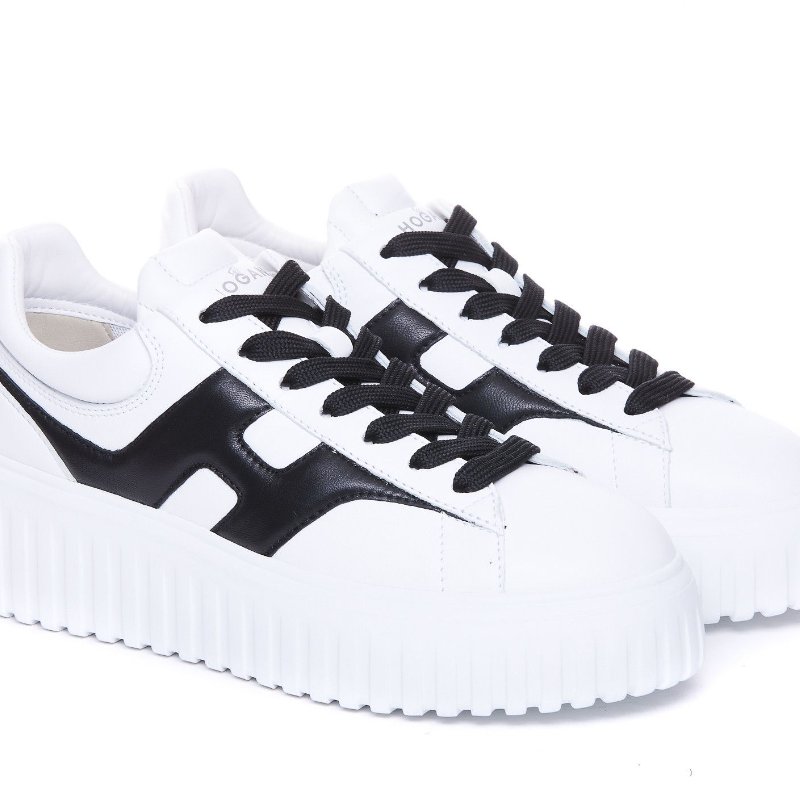 Hogan 女款 H-Stripes 光滑皮革6公分厚底餅乾運動鞋 白配黑色 EU35/36/37/38/39-5