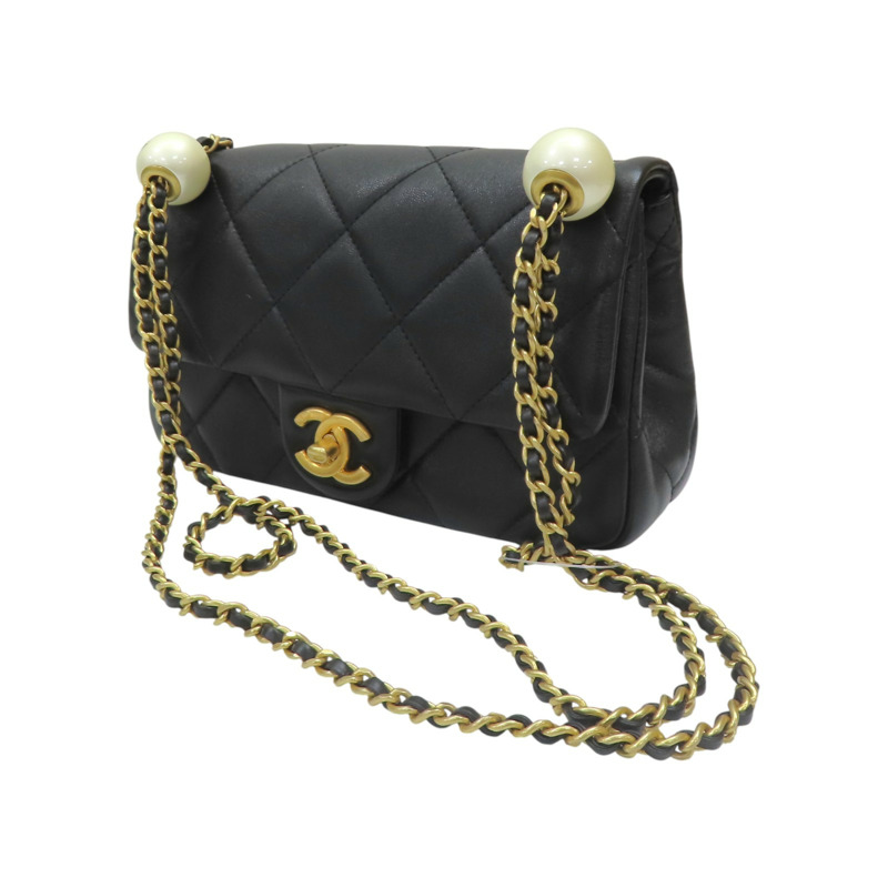 黑色 羊皮 白色圓珠 調節鍊帶 肩背包 金扣【CHANEL 香奈兒】 AS4861-1