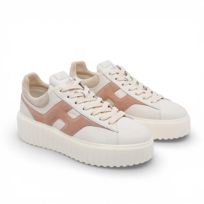 Hogan 女款 H-Stripes 光滑皮革6公分厚底餅乾運動鞋 白色配粉色H EU35/36/36.5/37/37.5/38/39-4