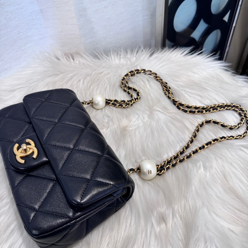 [櫃價20萬］Chanel CF20 大Mini 黑羊皮珍珠調節釦 芯片款 近全新-10