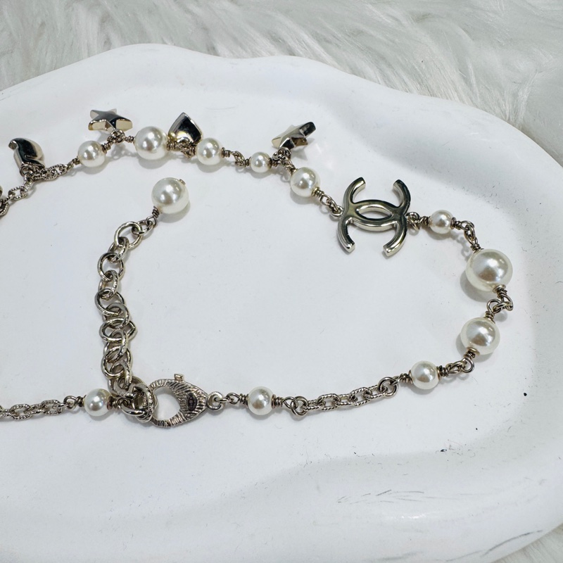 Chanel 淡金水鑽珍珠項鍊 近全新-5