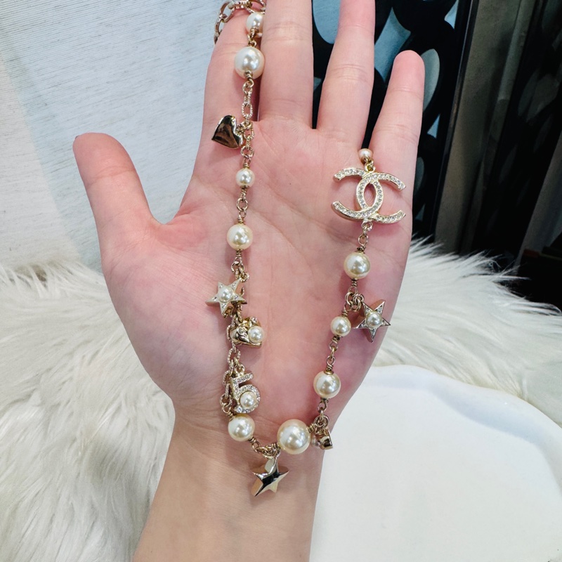 Chanel 淡金水鑽珍珠項鍊 近全新-6