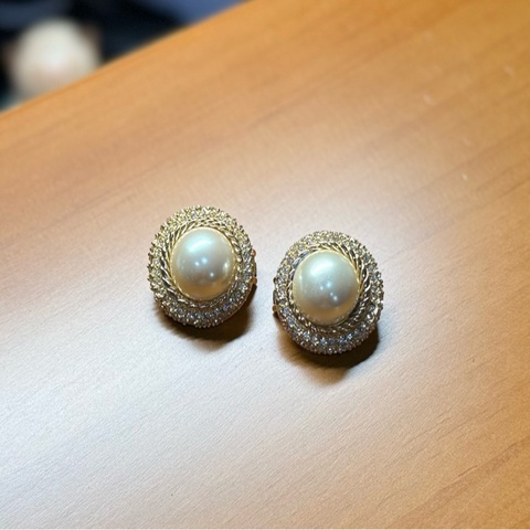 Dior Vintage水鑽珍珠耳環耳夾 大款