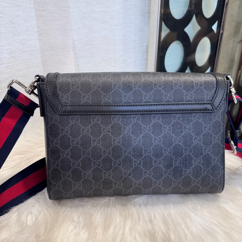 Gucci 黑灰PVC黑牛皮郵差包 近全新-1