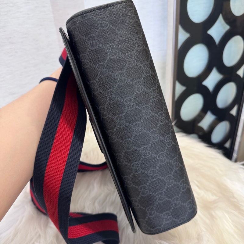 Gucci 黑灰PVC黑牛皮郵差包 近全新-5