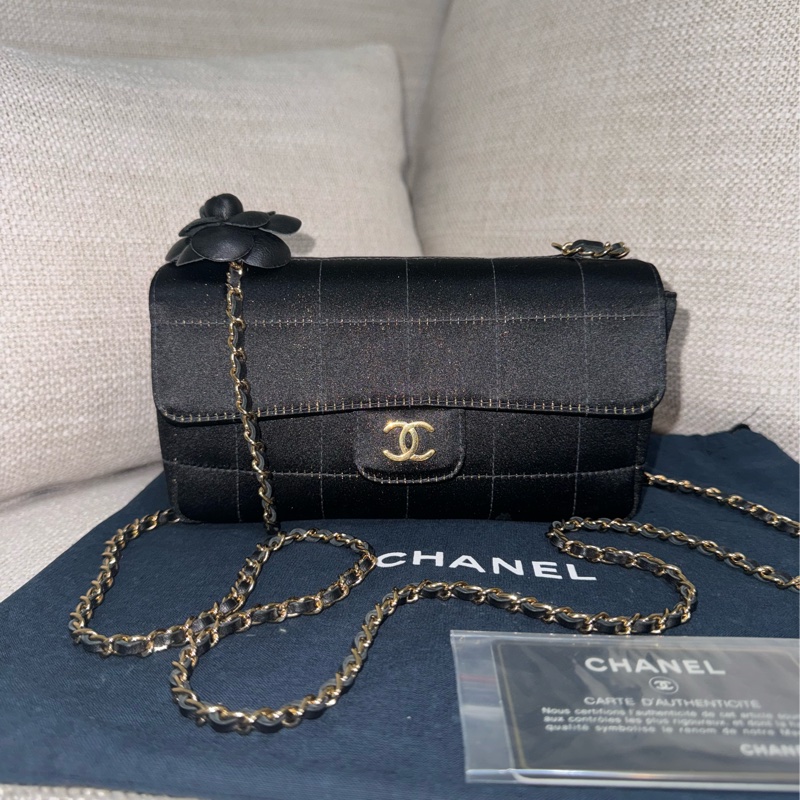 新上架❤️‍🔥藏家級🖤Chanel Vintage🖤山茶花黑色緞面冰格CF小包/香奈兒山茶花cf-8