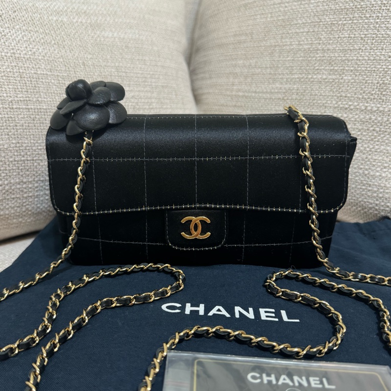 新上架❤️‍🔥藏家級🖤Chanel Vintage🖤山茶花黑色緞面冰格CF小包/香奈兒山茶花cf-12