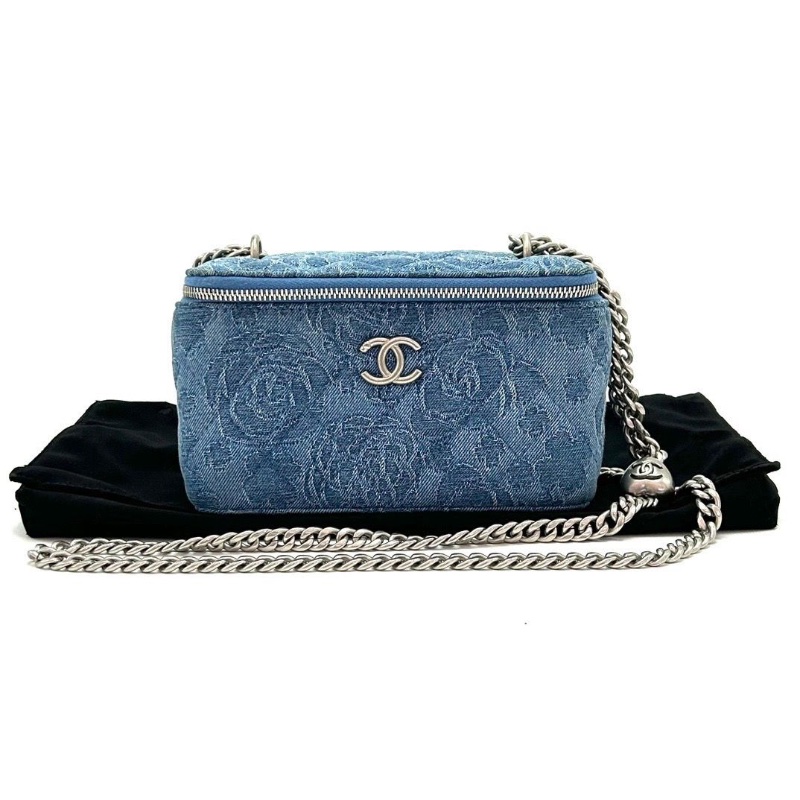 CHANEL丹寧牛仔山茶花愛心調節肩背斜背化妝盒子包 16*9*8 98新配件塵袋-1