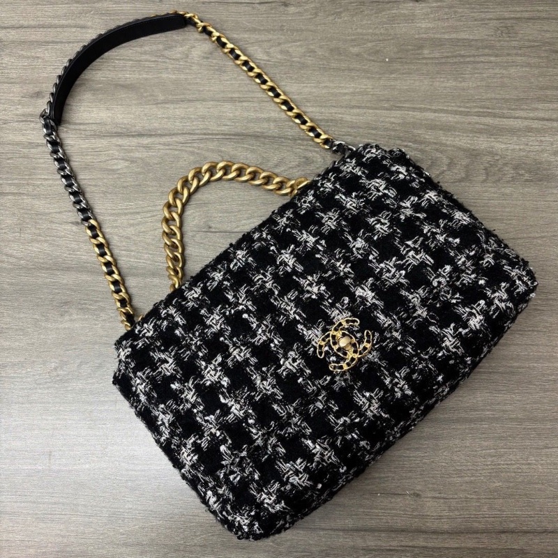 CHANEL 19bagmaxi黑白 千鳥格毛呢手提肩背斜背包37*24*12 98新配件塵袋-2