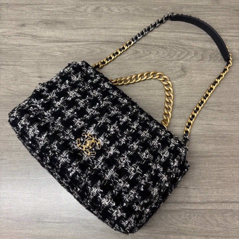 CHANEL 19bagmaxi黑白 千鳥格毛呢手提肩背斜背包37*24*12 98新配件塵袋-4