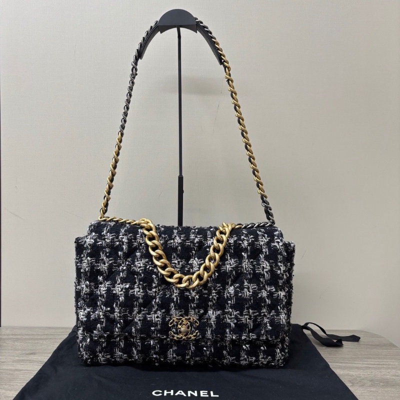 CHANEL 19bagmaxi黑白 千鳥格毛呢手提肩背斜背包37*24*12 98新配件塵袋-6