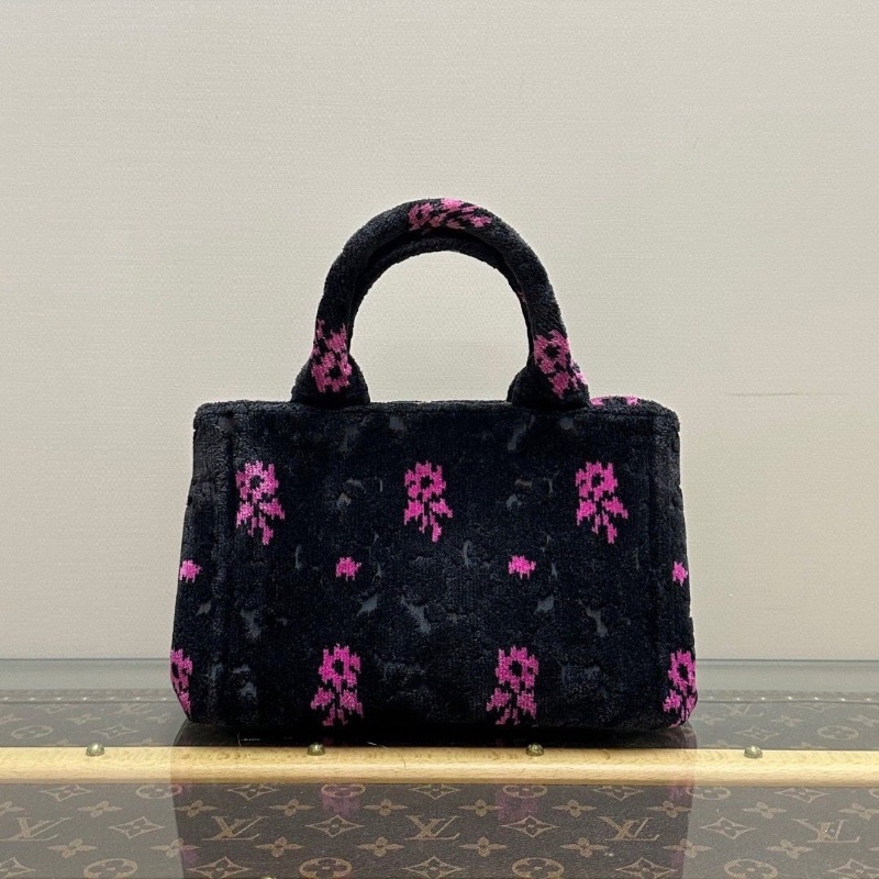 PRADA 黑色底配粉色花紋毛絨托特包22*15*13 98新配件塵袋-2