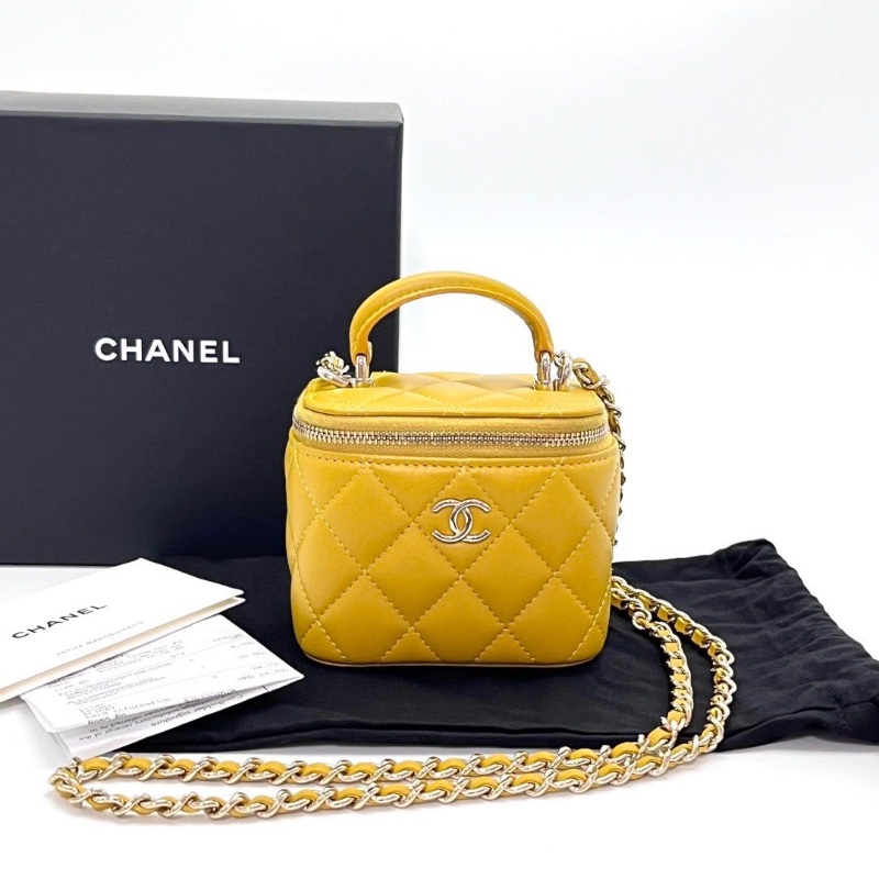 CHANEL 黃色羊皮手提肩背斜背包10*9*7 99新配件盒子塵袋購證-1