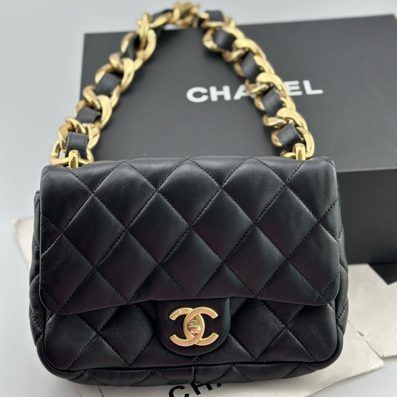 近新品 香奈兒/Chanel 黑金方胖子粗鏈條肩背包 芯片款-0