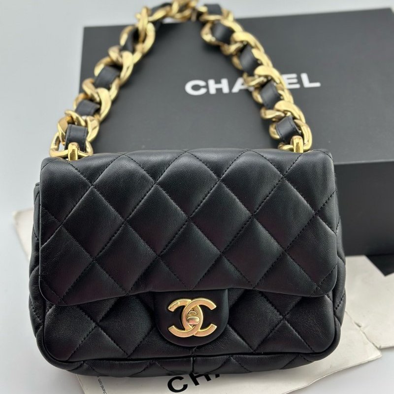 近新品 香奈兒/Chanel 黑金方胖子粗鏈條肩背包 芯片款-6