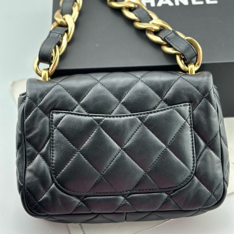 近新品 香奈兒/Chanel 黑金方胖子粗鏈條肩背包 芯片款-7