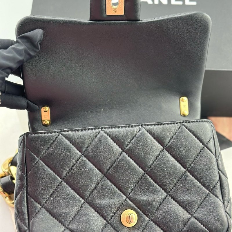 近新品 香奈兒/Chanel 黑金方胖子粗鏈條肩背包 芯片款-9