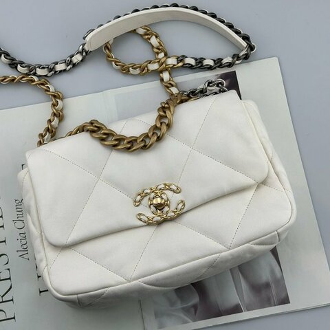 芯片款 香奈兒/Chanel 19bag白色金扣菱格紋小號鏈條包