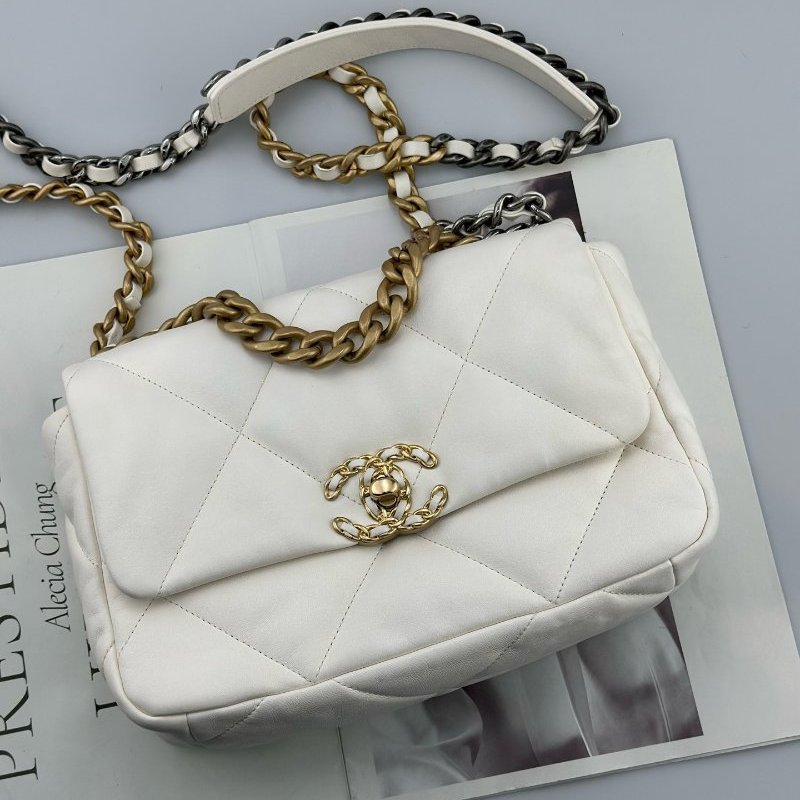 芯片款 香奈兒/Chanel 19bag白色金扣菱格紋小號鏈條包-0