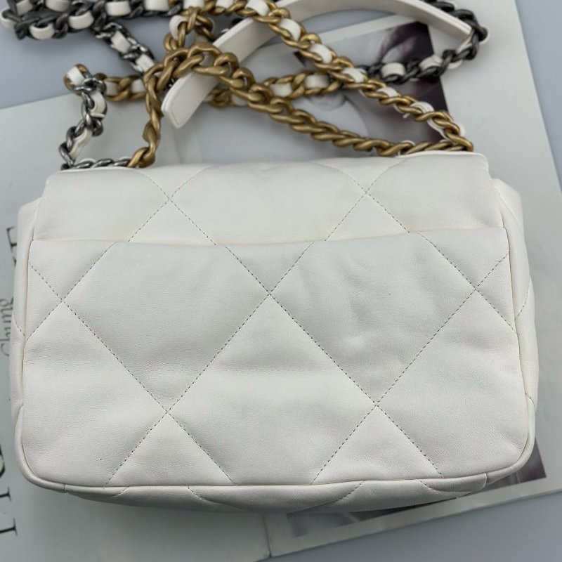 芯片款 香奈兒/Chanel 19bag白色金扣菱格紋小號鏈條包-1