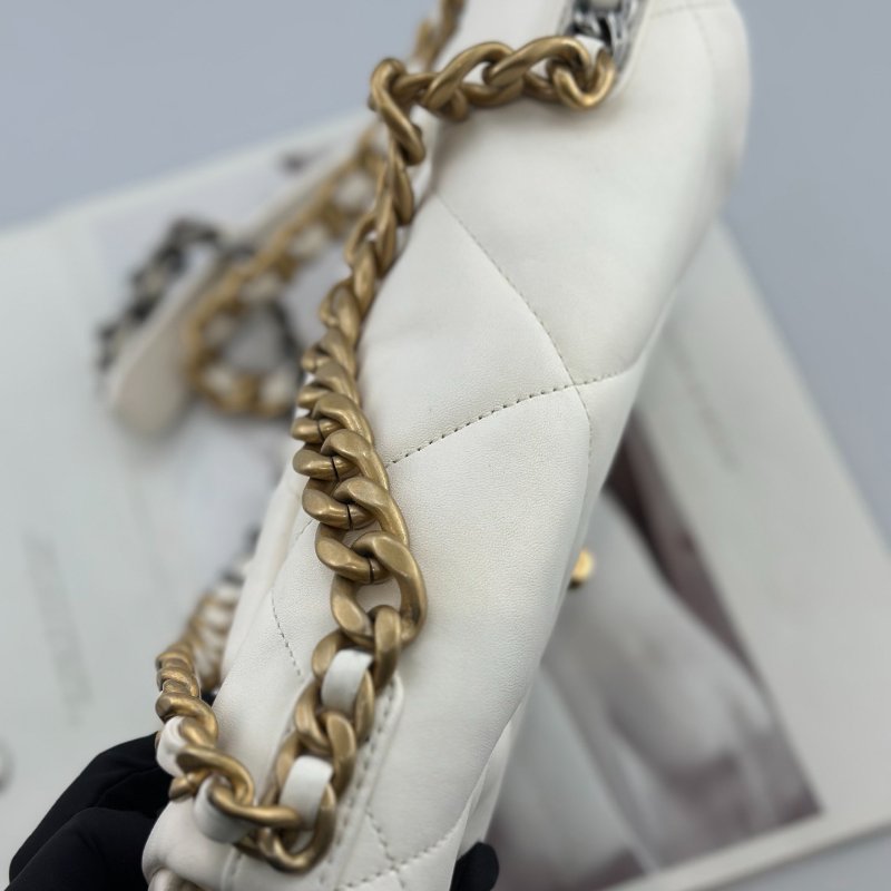 芯片款 香奈兒/Chanel 19bag白色金扣菱格紋小號鏈條包-4