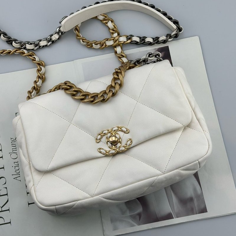 芯片款 香奈兒/Chanel 19bag白色金扣菱格紋小號鏈條包-6