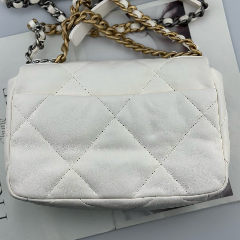 芯片款 香奈兒/Chanel 19bag白色金扣菱格紋小號鏈條包-7