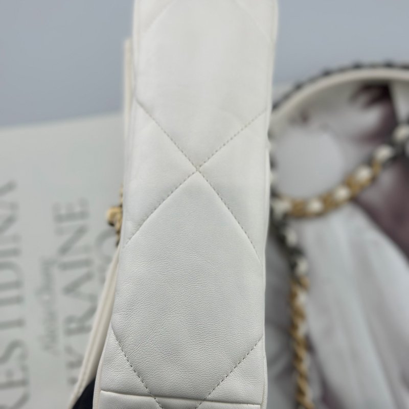 芯片款 香奈兒/Chanel 19bag白色金扣菱格紋小號鏈條包-8