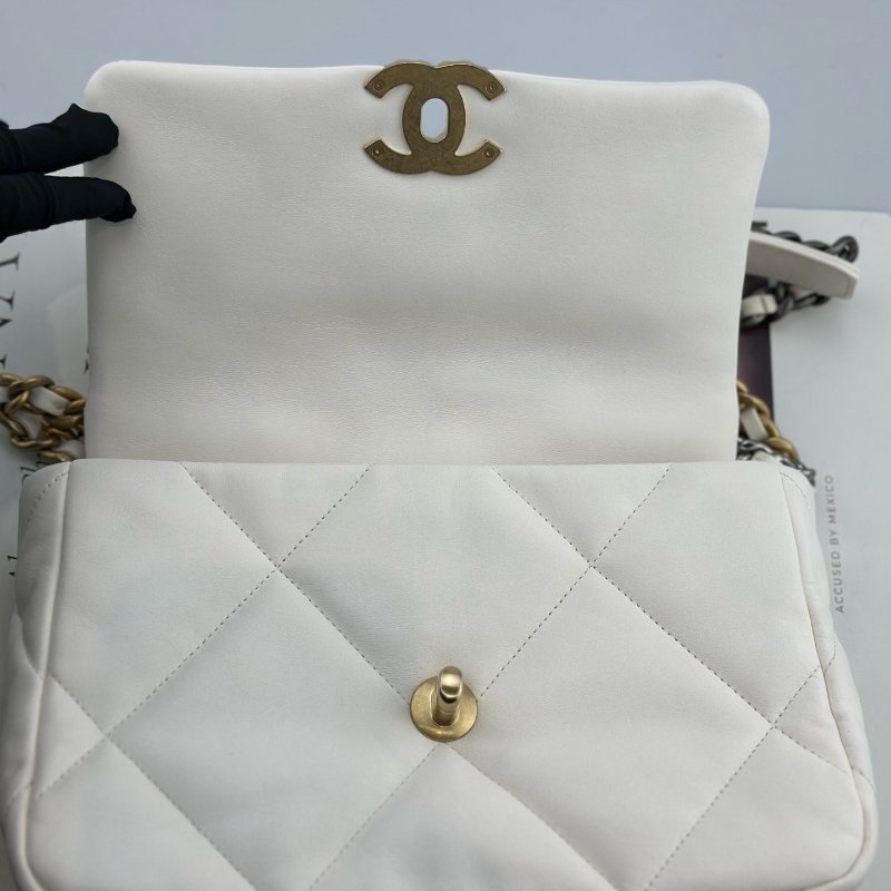芯片款 香奈兒/Chanel 19bag白色金扣菱格紋小號鏈條包-9