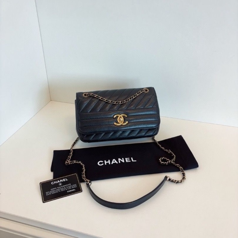 Chanel 黑金條紋特別款CF大mini鏈條包22*13*6 98新配件塵袋保卡-2