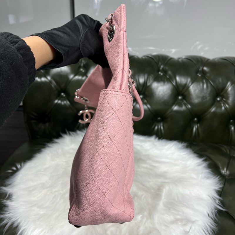 香奈兒/Chanel 櫻花粉銀扣荔枝皮 菱格紋鏈條托特包-2